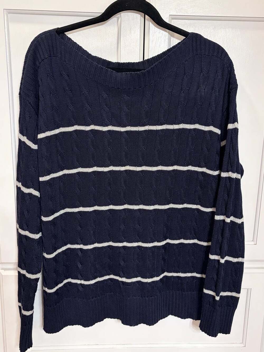 Lauren Ralph Lauren Navy Cable Knit Shiny Striped Sweater Size LG Cotton Blend